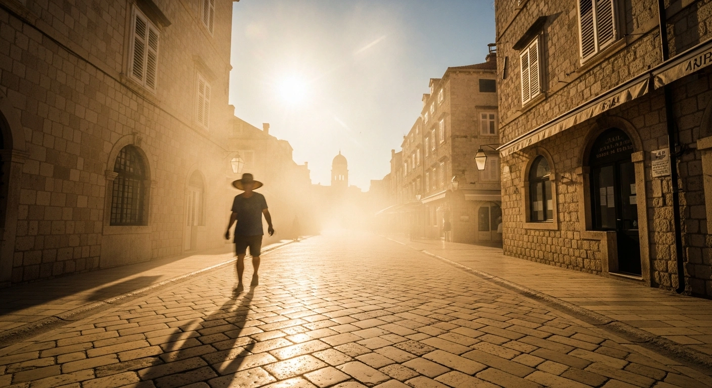 A sun-drenched street in Croatia during a severe heatwave with visible heat haze rising from the pavement.