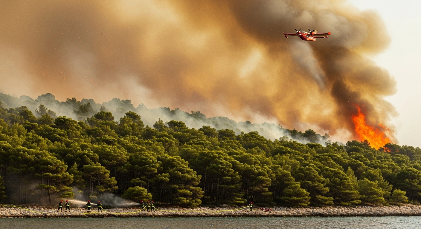 Firefighters and an aerial firefighting aircraft work to contain a large wildfire burning in a pine forest on the island of Vis in Croatia.