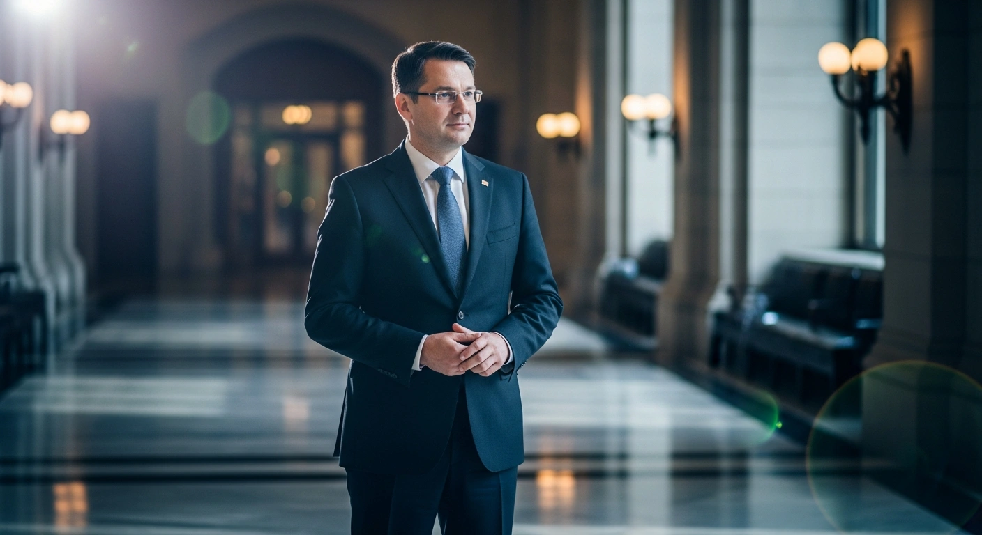 Croatian Prime Minister Andrej Plenković stands in a grand hall during his diplomatic visit to Canada to strengthen bilateral relations.