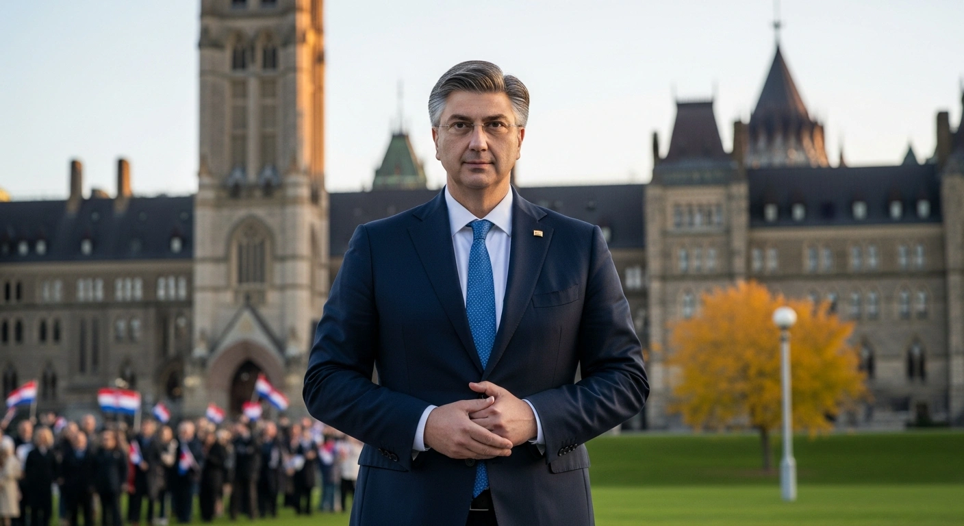Croatian Prime Minister Andrej Plenković stands in front of the Canadian Parliament buildings during his diplomatic visit to Canada.