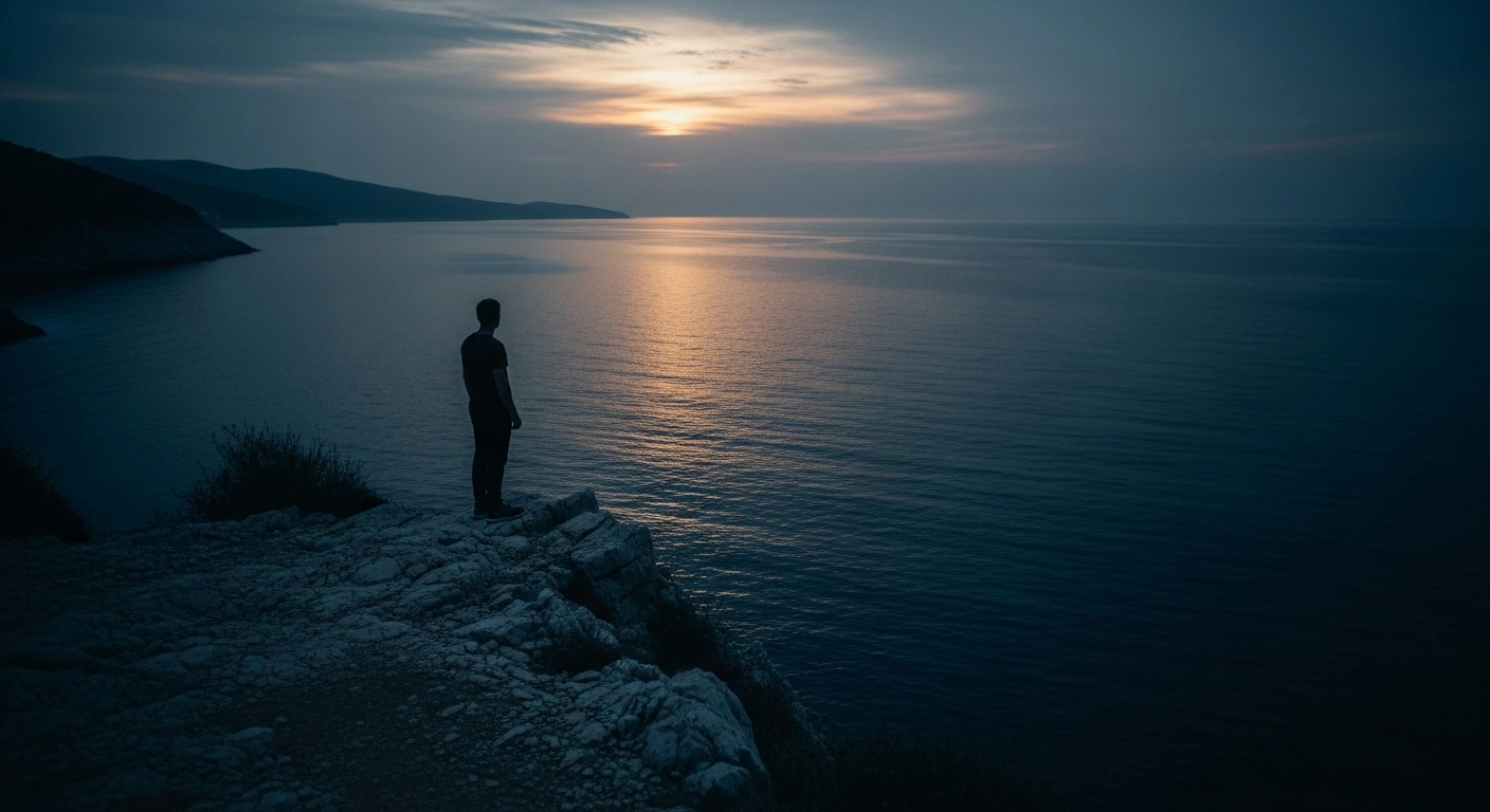 A silhouette of a person stands on a Croatian coastline looking toward the horizon, representing public opposition to military escalation in the Middle East.