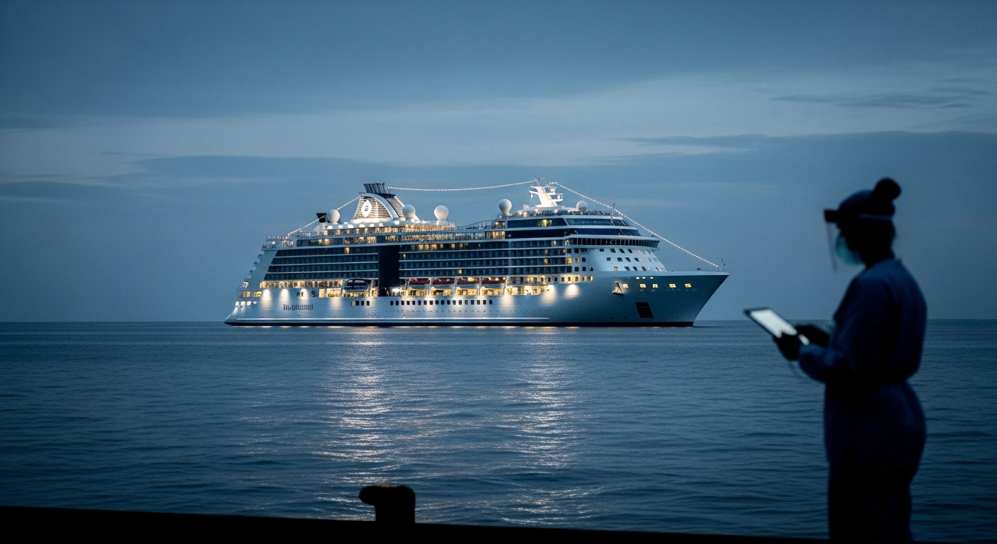 A medical professional in protective gear monitors a cruise ship docked in a harbor during a hantavirus outbreak investigation.