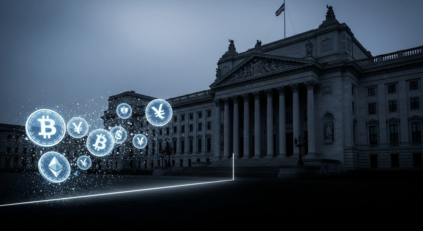 An imposing, historical-style government building stands under a cold, blue sky, with ethereal holographic digital currency symbols dissipating in the foreground, symbolizing crypto firms like MoonPay and Strike ceasing operations in Hungary due to stringent legislative changes and regulations.
