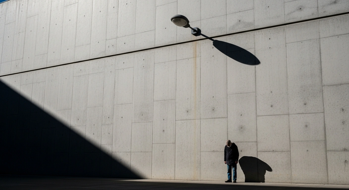 A solitary figure stands before a towering concrete wall under harsh lighting, symbolizing the UK government's asylum policy proposals that Caritas Social Action Network (CSAN) criticizes as incompatible with Catholic Church teachings on human dignity and family separation.