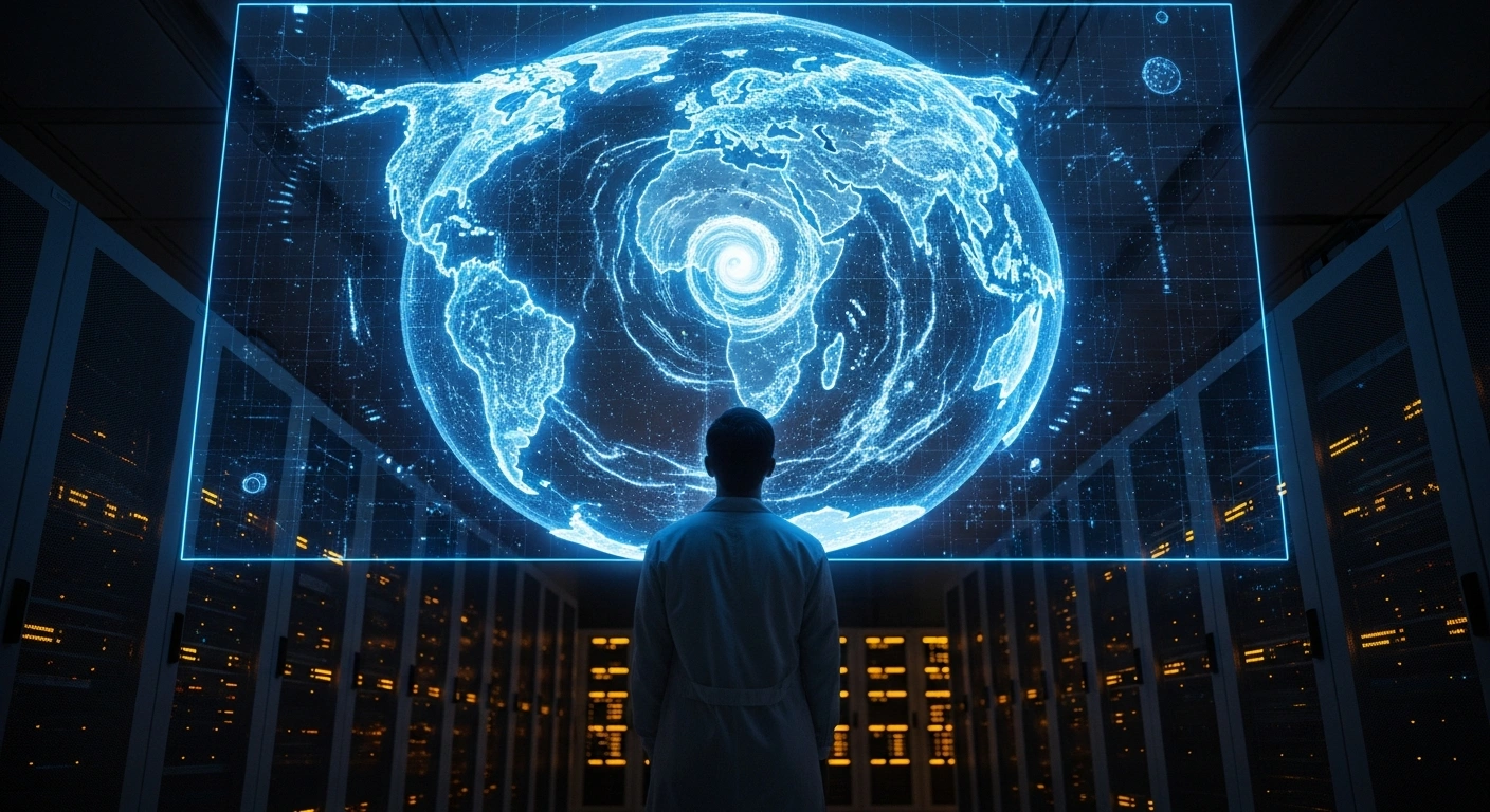 A scientist examines a complex climate model projection at the CSIRO research facility during a period of organizational restructuring.