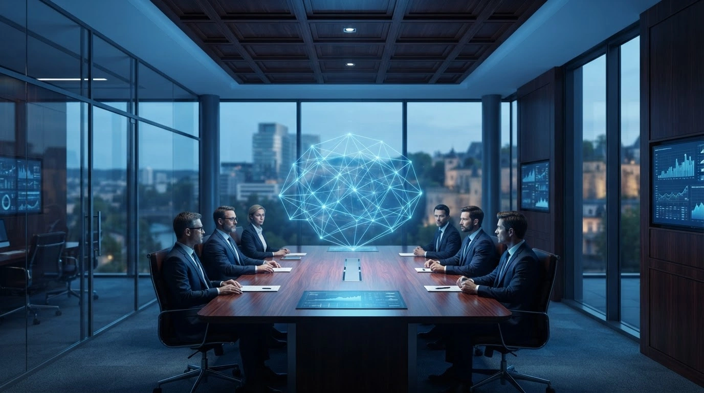 A glowing digital neural network structure sits in a modern boardroom to represent the CSSF guidance on artificial intelligence in the financial sector.