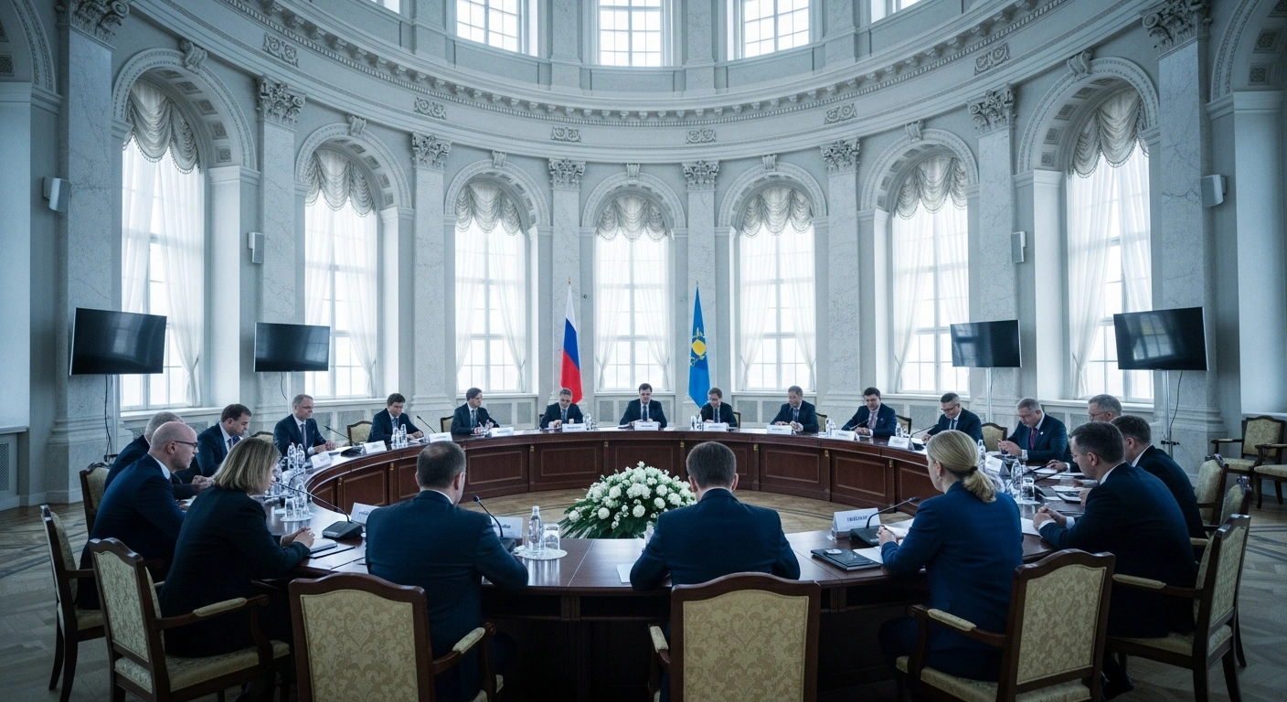 International representatives gather at a formal meeting in Saint Petersburg to discuss collective disaster response and emergency cooperation among CSTO member states.
