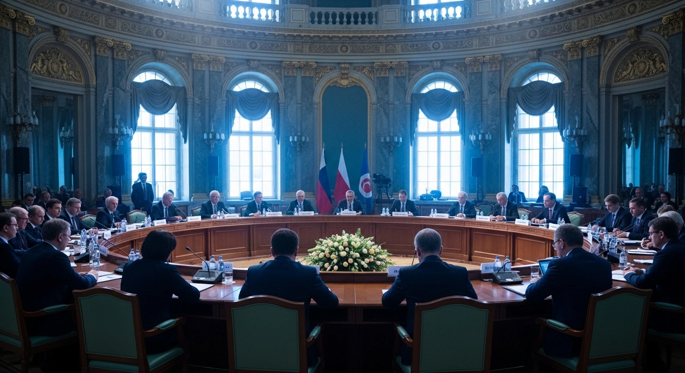 International representatives gather at a formal conference table in Saint Petersburg to discuss collective disaster response and security cooperation among CSTO member states.