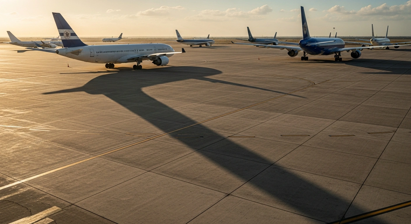 Grounded commercial airliners sit motionless on a deserted tarmac at a Cuban international airport under a late afternoon sky, representing the severe aviation fuel shortage impacting services from airlines like Air Canada, WestJet, and Air Transat, exacerbated by an energy crisis and US sanctions.