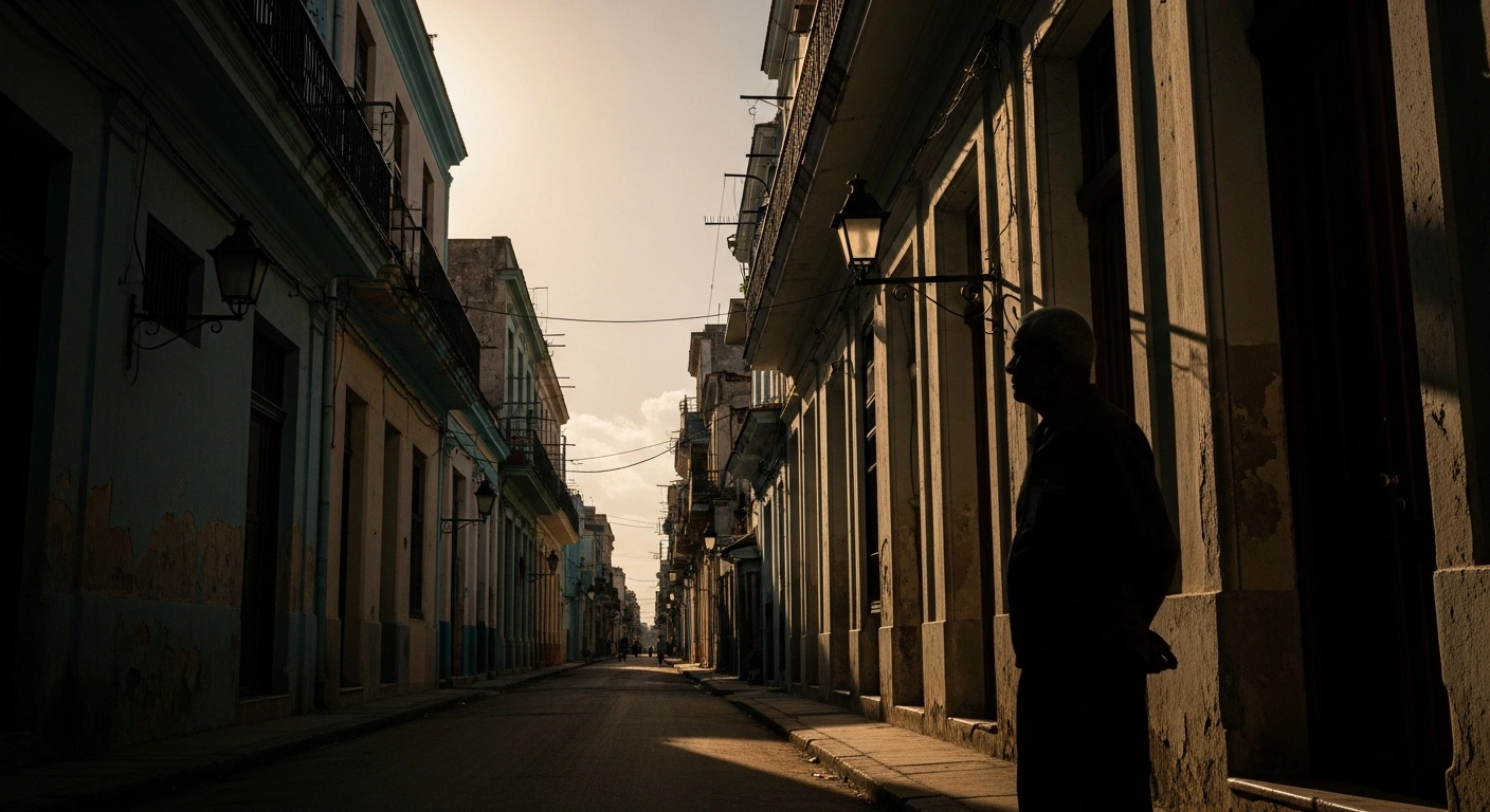 A wide, low-angle shot of a sun-drenched, faded street in Old Havana during golden hour, with an elderly Cuban figure silhouetted in the foreground, contemplating the ongoing Chikungunya outbreak and its impact on public health in Cuba, which has reported 1,457 cases and two deaths in January 2026.