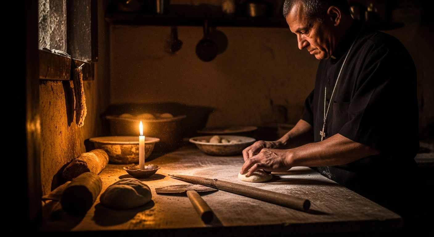 A Catholic priest works by candlelight in a dimly lit kitchen in Cuba, reflecting the impact of energy shortages on church ministries.