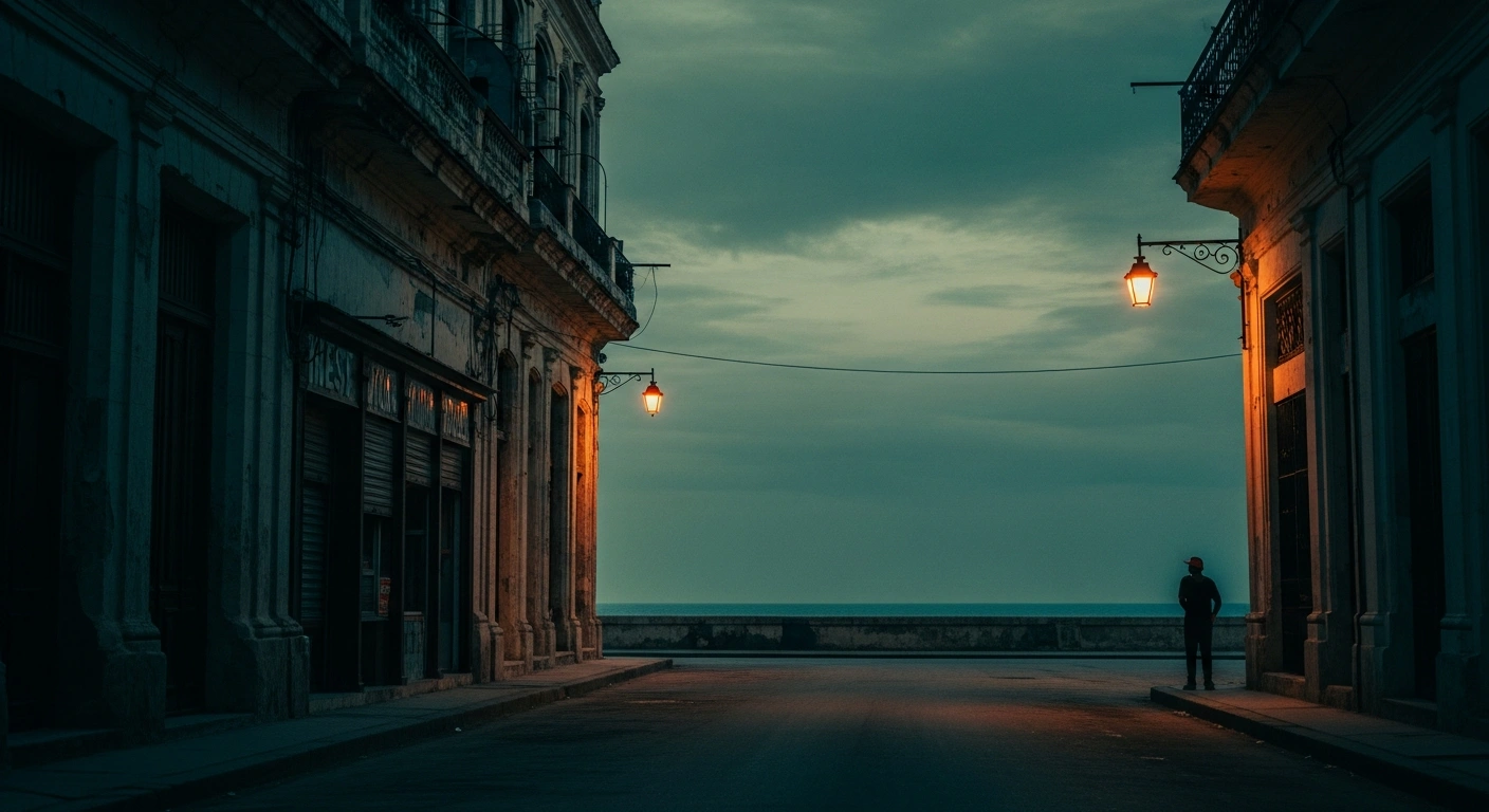 A dimly lit street in Havana reflects the economic crisis and social tension in Cuba as U.S. officials review contingency plans for regional instability.