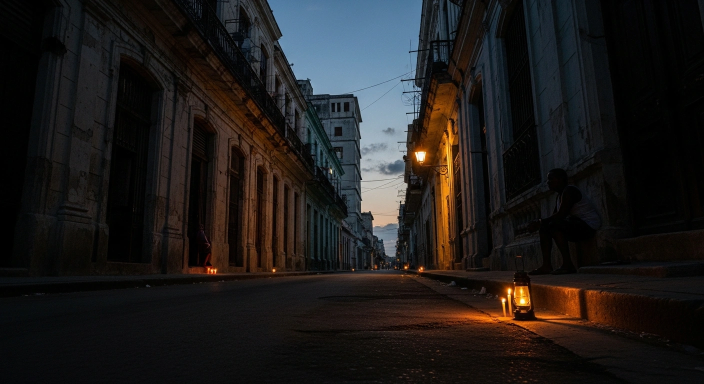 A wide, low-angle shot captures a dark Havana street at dusk, illuminated only by flickering candles and a battery-powered lantern, with a silhouetted figure on a stoop, symbolizing the severe economic crisis and daily power outages impacting daily life in Cuba.
