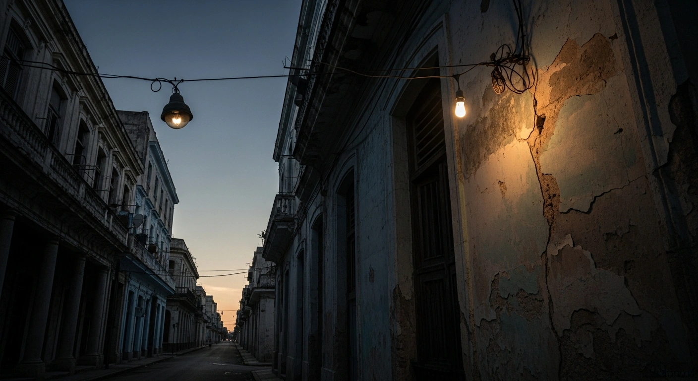 A dilapidated, colonial-era building in Havana, Cuba, is dimly illuminated by a single bare bulb, contrasting with the surrounding street plunged into darkness from widespread blackouts, visually representing Cuba's severe economic crisis and the potential for government change reportedly sought by the United States.