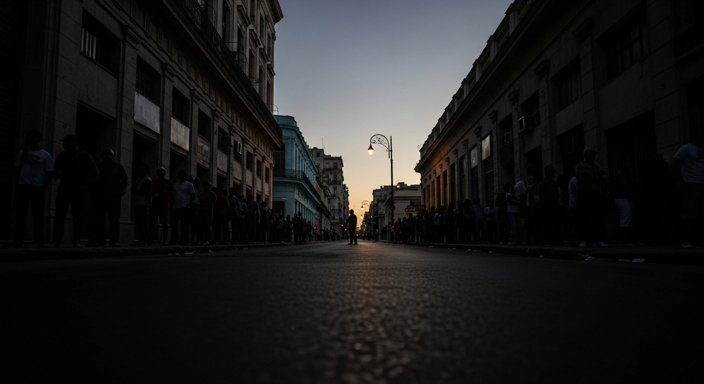A dimly lit street scene in Havana shows silhouetted people queuing, with dark, empty storefronts in the background, symbolizing Cuba's severe economic crisis, high inflation, and widespread shortages.