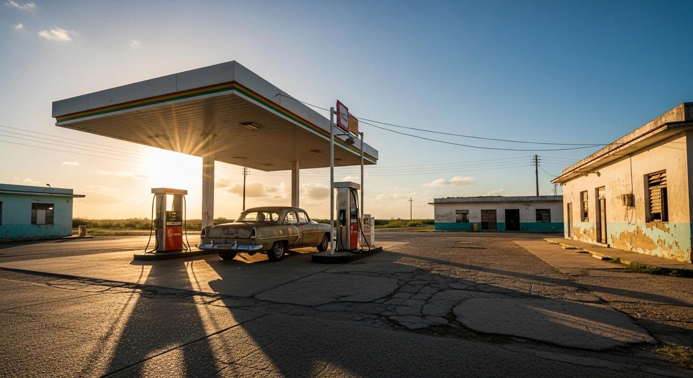 A vintage car waits at a gas station in Cuba as the government shifts to market-driven fuel pricing to address energy shortages.