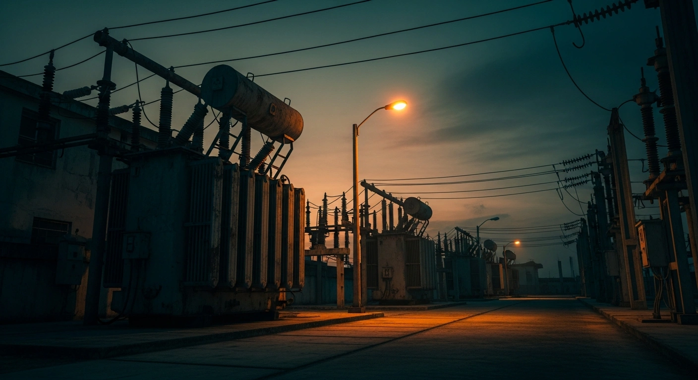 A weathered electrical power station in Cuba stands under a dramatic sunset, symbolizing the impact of economic sanctions on the island's energy infrastructure.