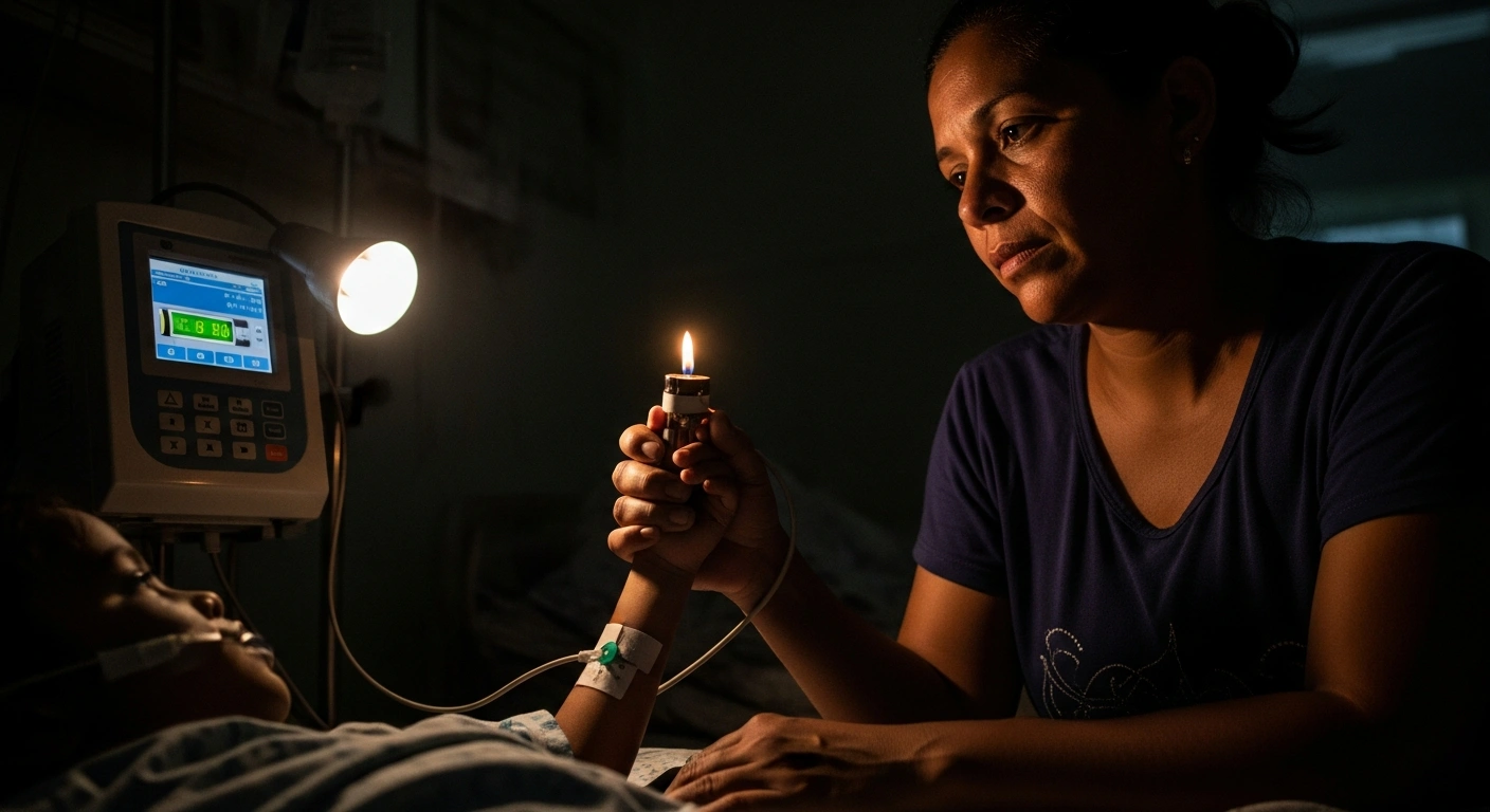A mother sits in a dimly lit hospital room in Pinar del Río, Cuba, holding the hand of her child who is connected to a flickering life support machine, symbolizing the struggle of families during chronic power outages.