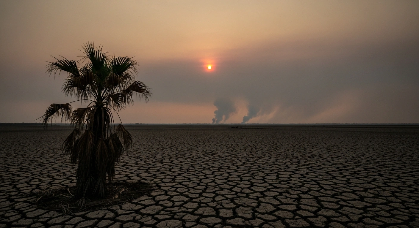 A parched Cuban landscape under a hazy, smoke-filled sky with a skeletal palm tree in the foreground, symbolizing the projected surge in forest fires in Pinar del Río by 2026 due to prolonged drought and human activity, putting thousands of hectares at risk.