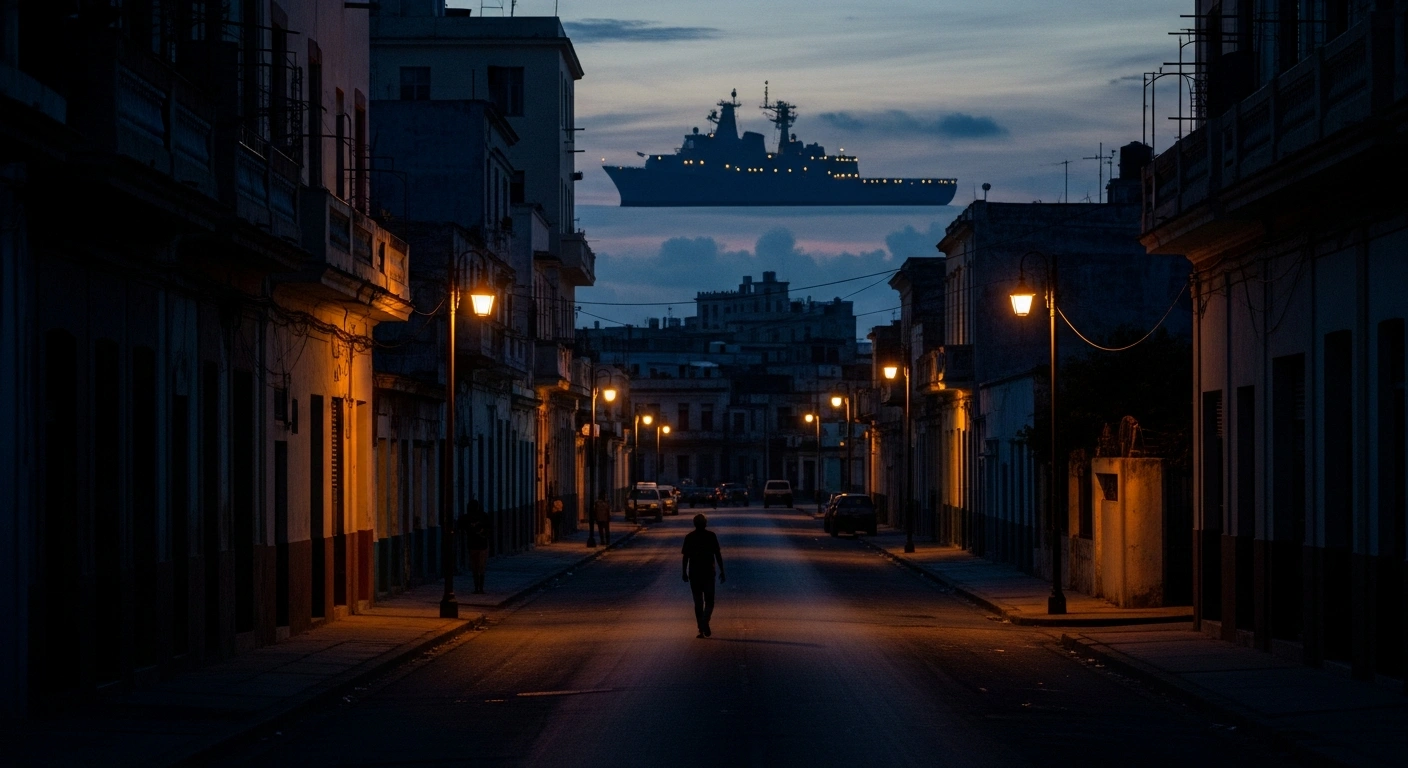 A wide shot of a darkened Havana street at night, illuminated only by scattered, weak lights from candles and generators, with a lone figure walking, and the silhouette of a large naval vessel visible on the distant horizon, symbolizing the US military's maritime interdictions contributing to Cuba's fuel crisis and blackouts.