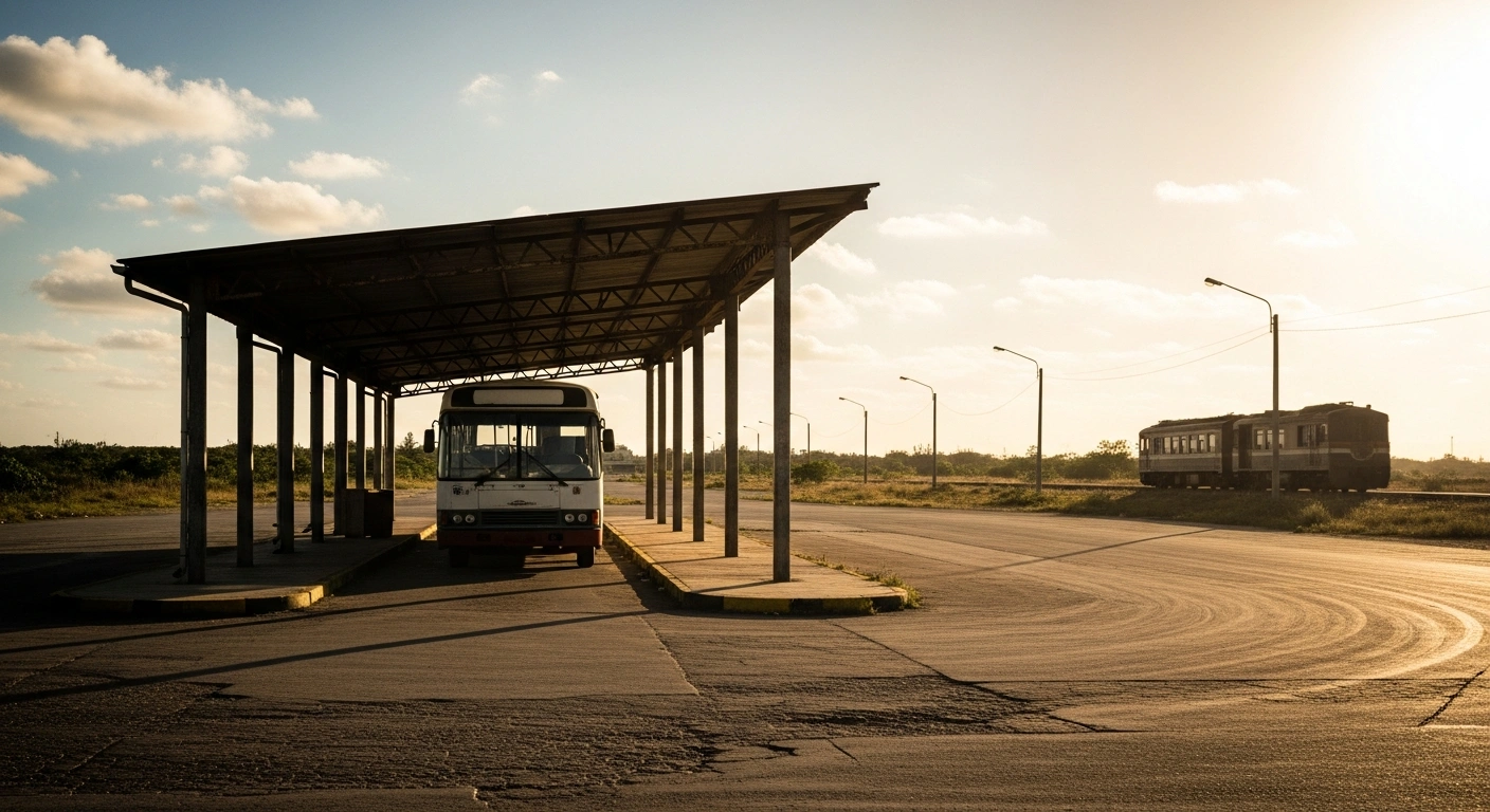 A deserted bus terminal in Cuba shows idle public transportation vehicles during a national fuel shortage that has restricted inter-city travel.