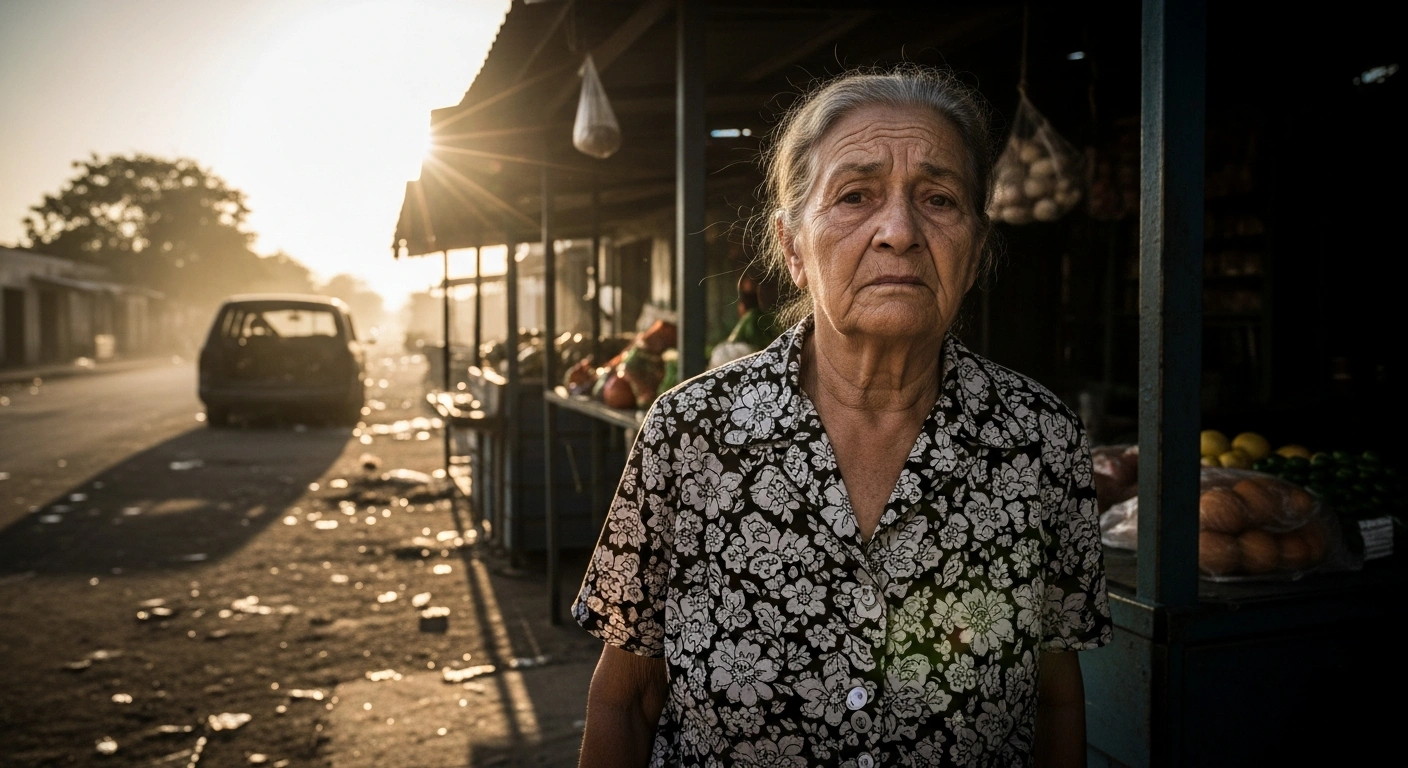 An elderly Cuban woman with a worried expression stands before an empty market stall under dim, hazy light, symbolizing the deepening humanitarian crisis in Cuba exacerbated by a fuel blockade, threatening essential services.