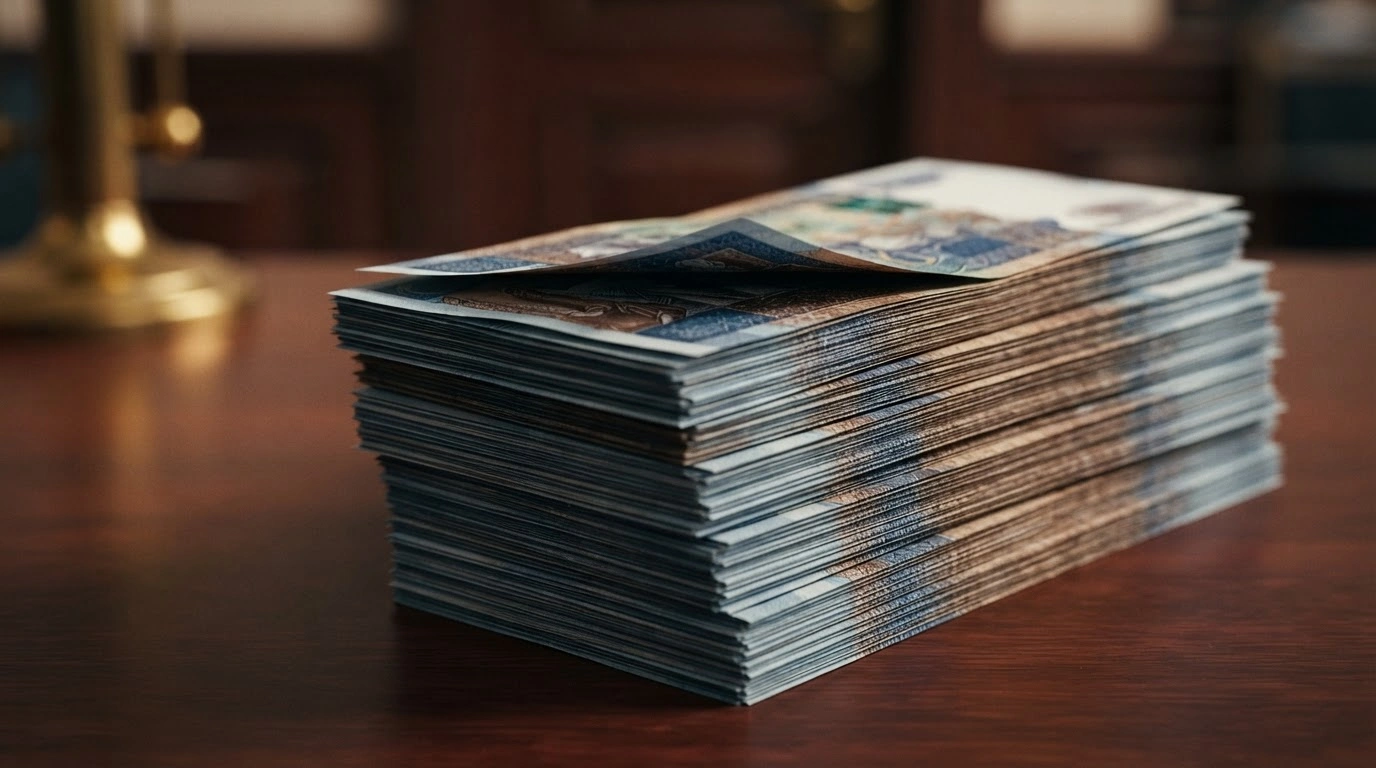 New high-denomination Cuban peso banknotes are displayed on a table to represent the Central Bank of Cuba's effort to manage national inflation.