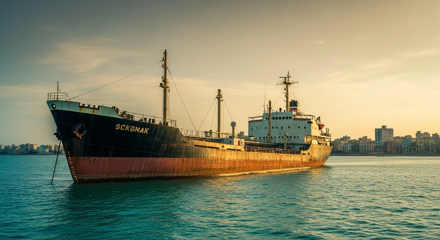 A vintage oil tanker sits in the water near the coast of Havana, representing the Congressional Black Caucus's request to lift oil sanctions on Cuba.