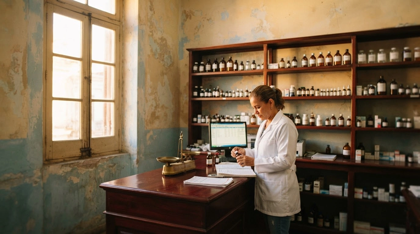 A pharmacist organizes medicine bottles in a private pharmacy in Cuba as part of new government regulatory reforms.