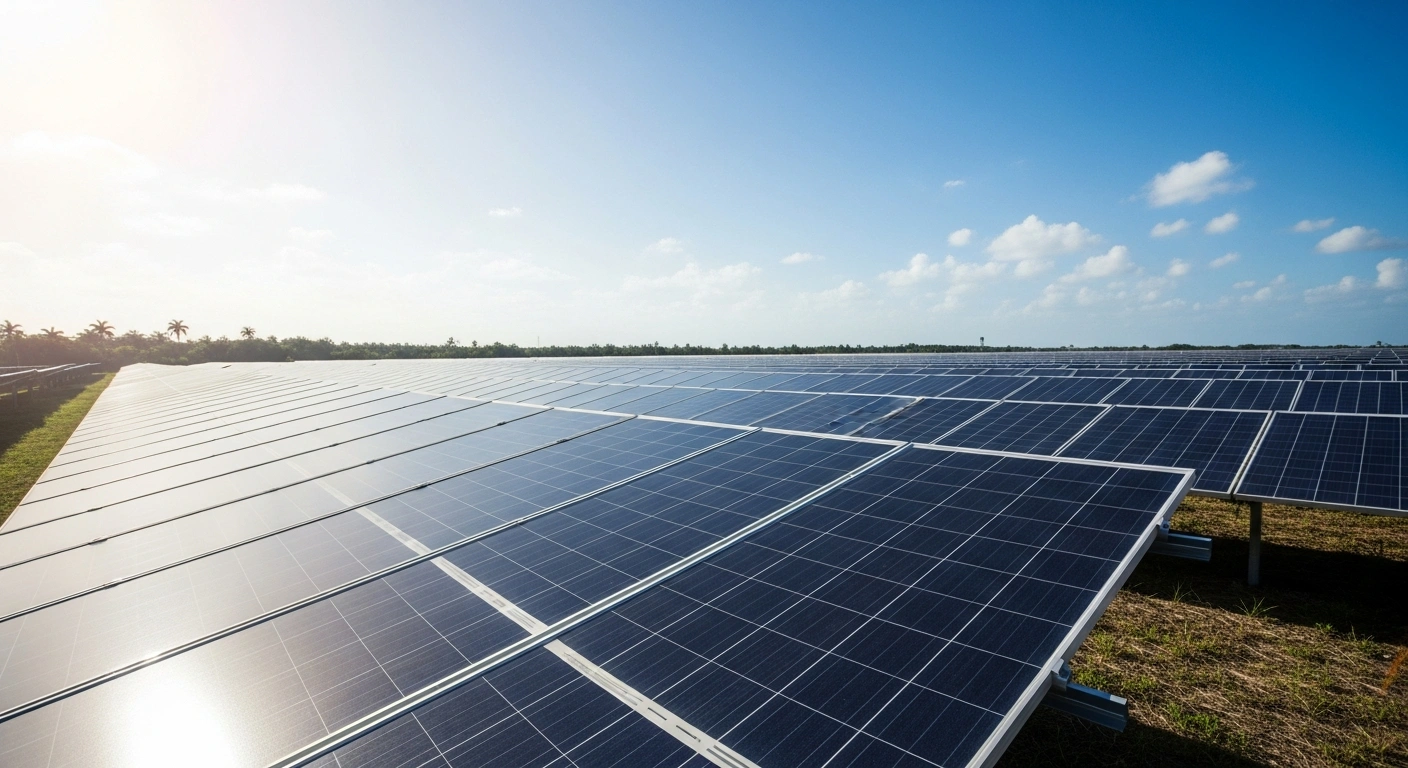 Rows of modern solar panels are installed in a vast field in Cuba to expand renewable energy capacity and reduce dependence on fossil fuels.