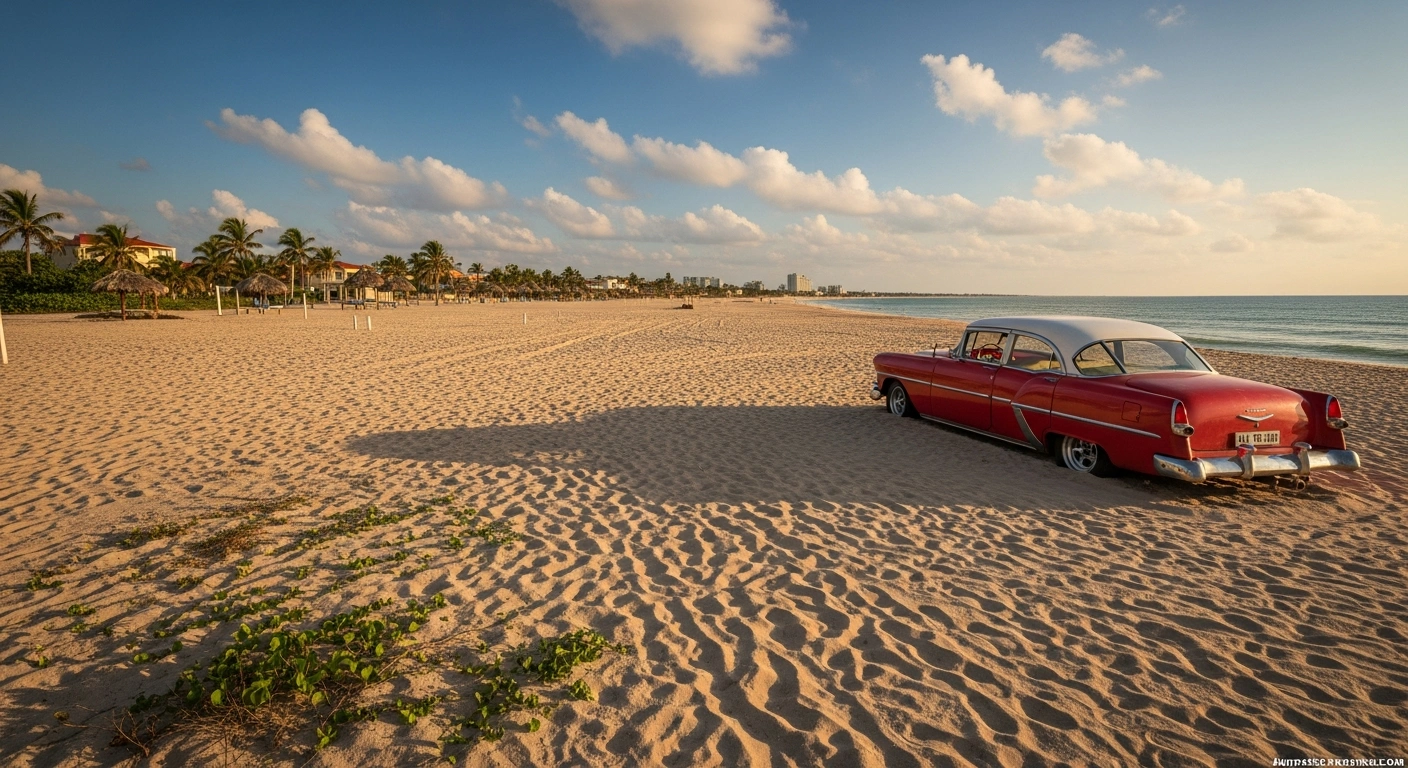 A wide, melancholic shot of a deserted Cuban resort beach at dusk, featuring an old, classic American car parked on the sand, visually representing the significant downturn in Cuba's tourism industry attributed to tightened U.S. sanctions and a severe energy crisis.