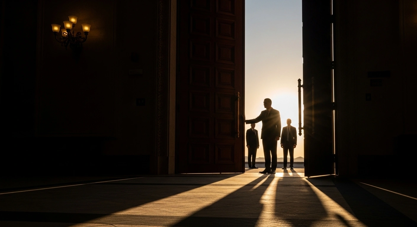 A hand, symbolizing the Dominican Republic, reluctantly closes a grand, ornate door, excluding three shadowed figures representing Cuba, Venezuela, and Nicaragua from a summit, with an imposing shadow, representing the United States, subtly influencing the action.