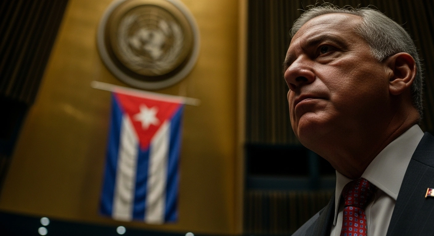 A distinguished Cuban diplomat, likely Ambassador Otto Vaillant, stands at a podium with a determined expression, dramatically lit against the blurred backdrop of the United Nations General Assembly hall, symbolizing his condemnation of the US blockade against Cuba.