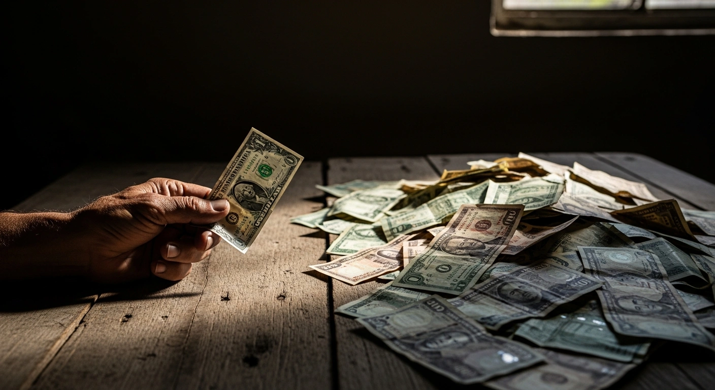 A weathered hand holds a single US dollar bill, contrasted against a large pile of worn Cuban peso notes on a wooden table, visually representing the severe economic downturn, currency depreciation, and widespread hardship in Cuba's informal market.