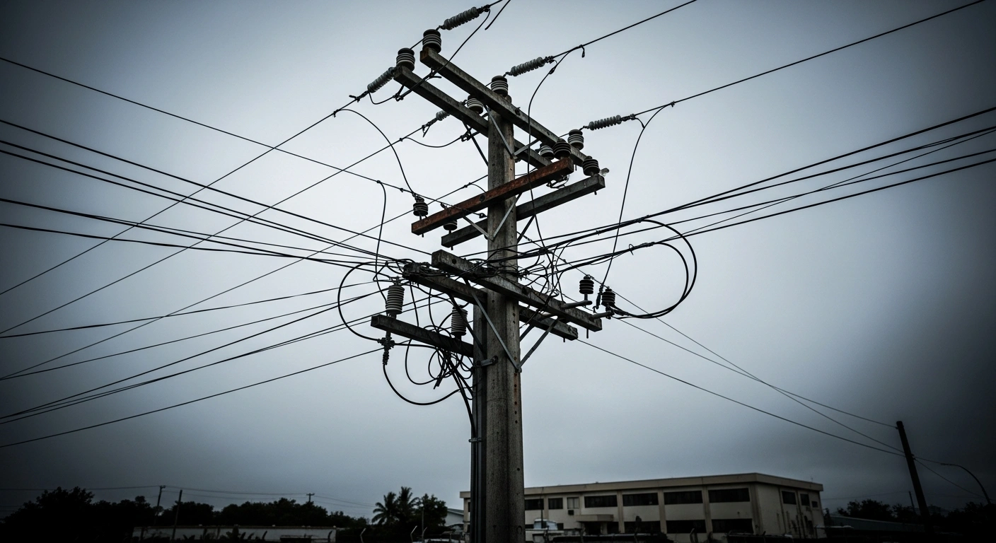 A weathered utility pole stands against a cloudy sky, representing the financial crisis and budget cuts at the Commonwealth Utilities Corporation in the Northern Mariana Islands.