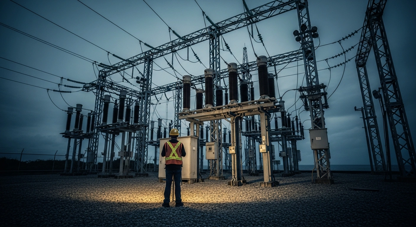 A utility worker stands in front of a power substation as the Commonwealth Utilities Corporation faces a financial crisis and suspends employee overtime pay.