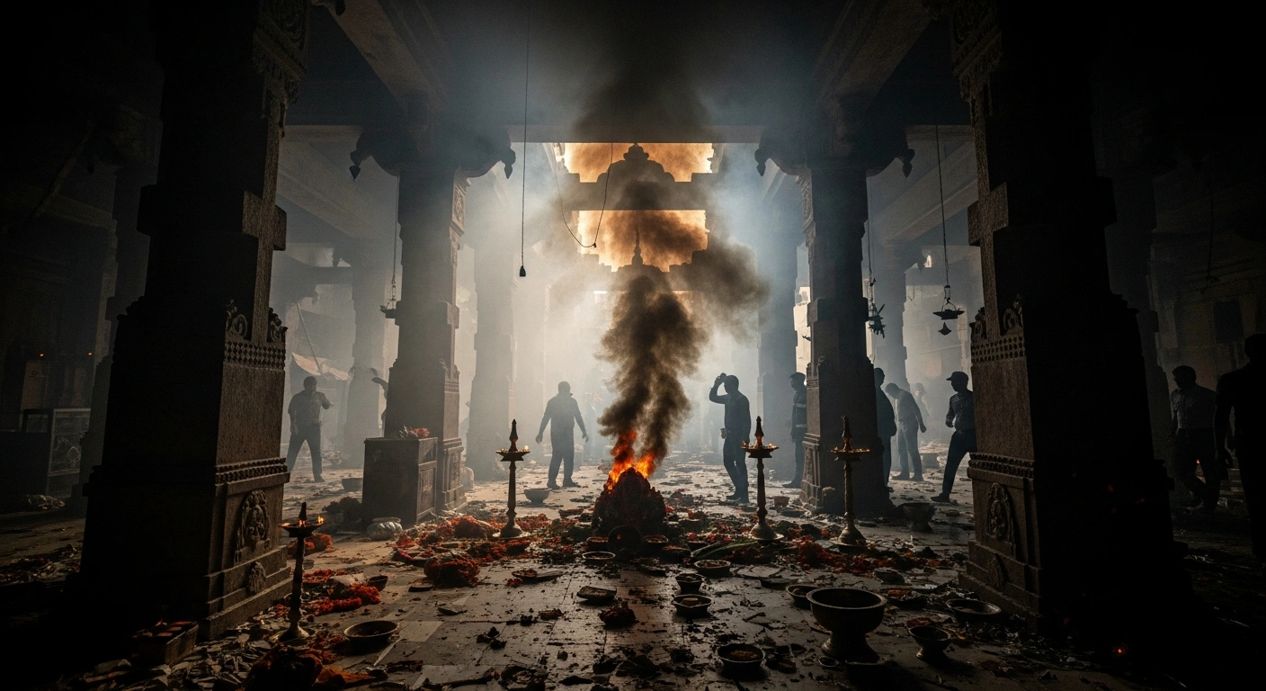 Emergency responders and investigators survey the damage inside a Hindu temple in Cumilla, Bangladesh, following a bomb explosion during a puja ceremony.