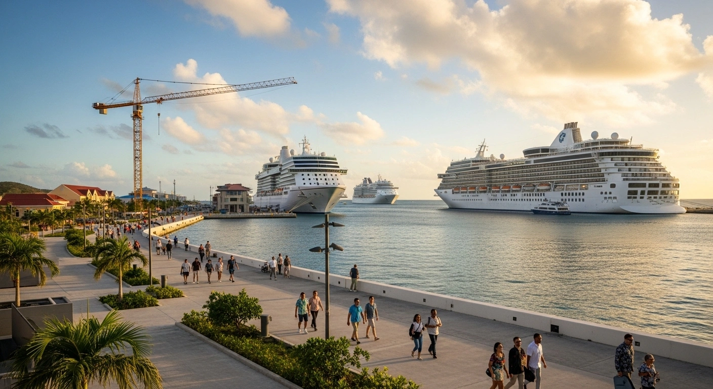 An elevated wide shot of a vibrant Caribbean harbor at golden hour, showing docked cruise ships, a bustling waterfront with people strolling, and a modern construction crane, symbolizing economic growth and tourism in Curaçao and Sint Maarten.