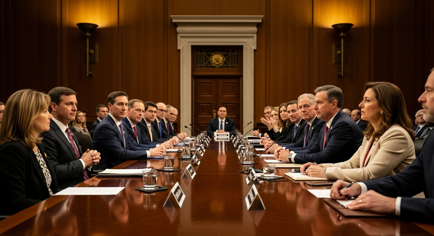 A wide-angle shot of a diverse group of U.S. lawmakers seated at a long table in a grand Senate hearing room, expressing bipartisan support for the Canada-U.S.-Mexico Agreement (CUSMA) and its economic benefits, with a subtle shadow hinting at future questions about the trade pact.