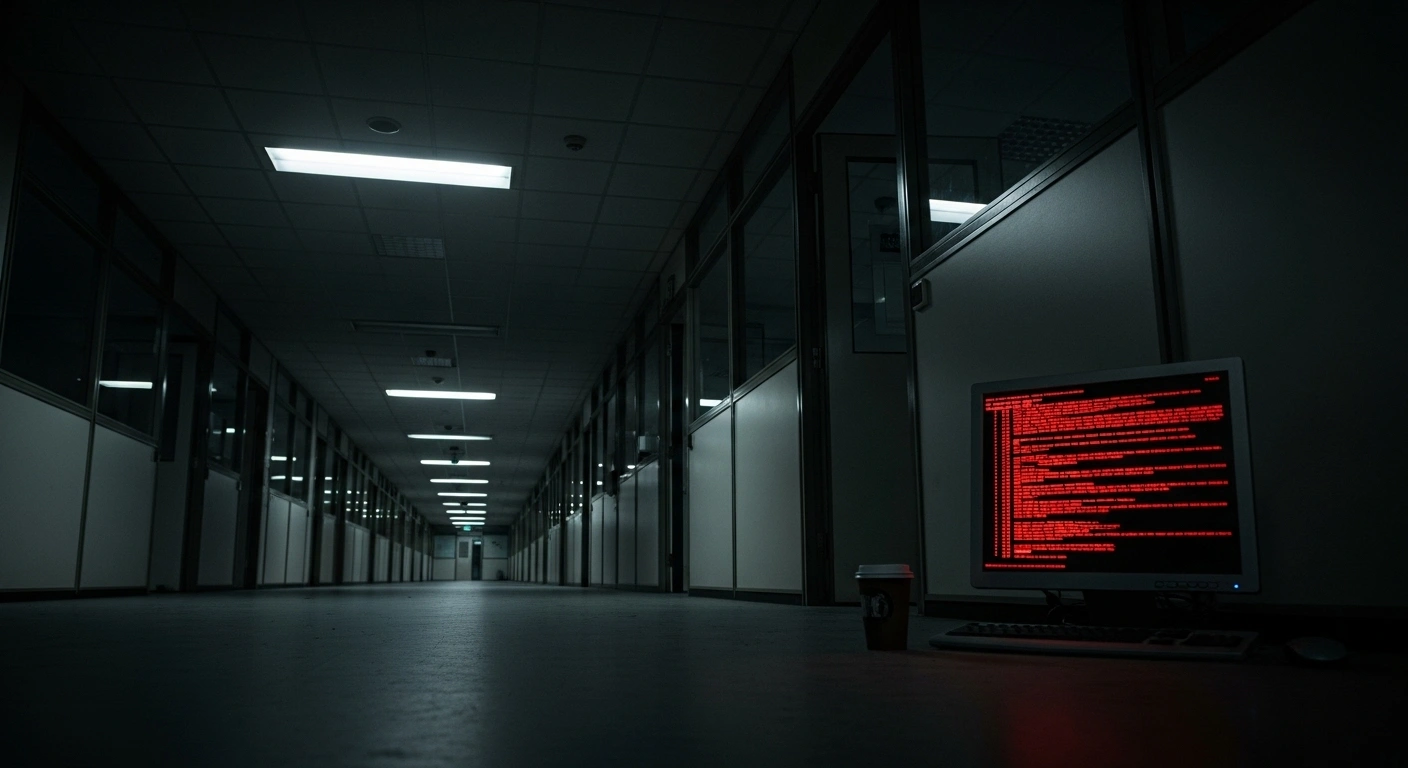 A dimly lit customs office corridor at night, featuring an abandoned computer monitor displaying a red error message, symbolizing the technical problems and disruptions cited by customs workers striking against the new Automated Import System (AIS) in Limassol and Nicosia.