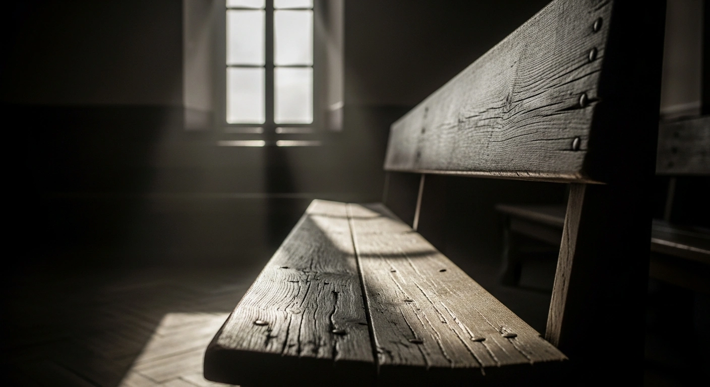 A low-angle shot of a weathered, empty wooden bench in a somber courtroom, with shafts of cold natural light illuminating dust, and a blurred background hinting at a turbulent sea, symbolizing the Cutro shipwreck and the ongoing trial of Italian officials for negligence and manslaughter.