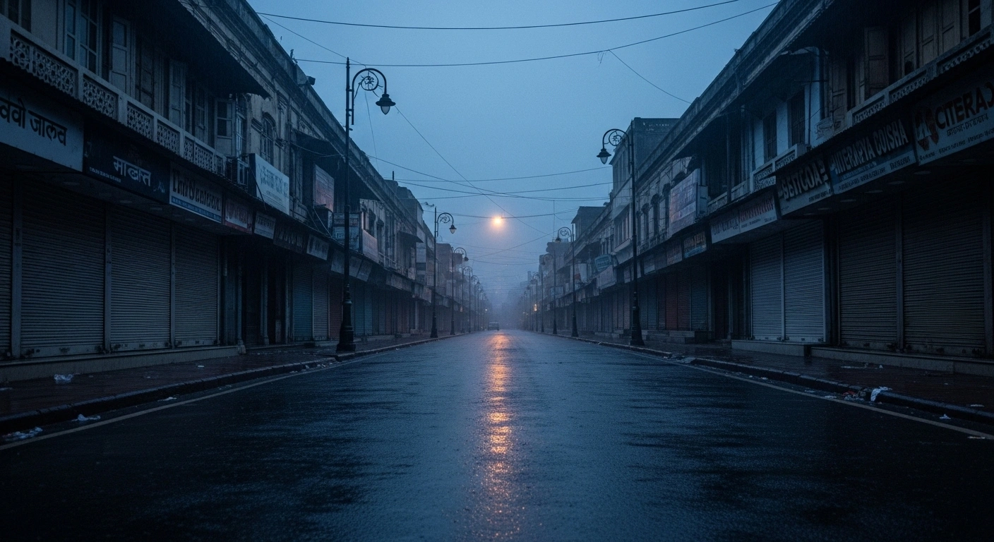 A deserted, rain-slicked street in a historic Indian city at dusk, illuminated by distant streetlamps, conveys the eerie stillness and isolation of a curfew and internet shutdown enforced due to communal tensions in Cuttack, Odisha.