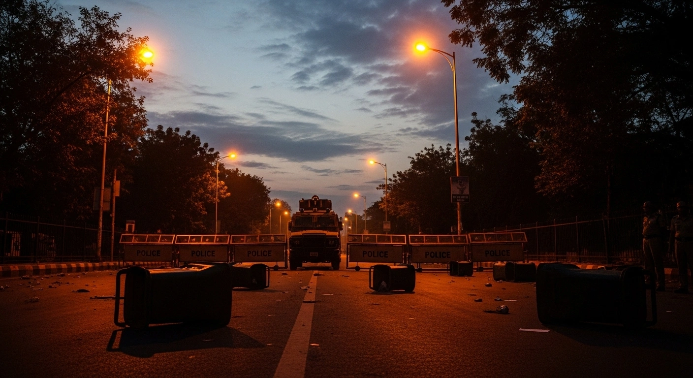 A deserted street in Cuttack, Odisha, under a strict curfew with police barricades and an armored vehicle, reflecting the communal tensions and internet shutdown enforced from October 5-7, 2025.