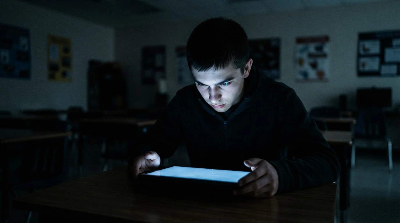 A student uses a digital tablet to complete an examination in a classroom setting, highlighting concerns over artificial intelligence and academic integrity in the Caribbean.