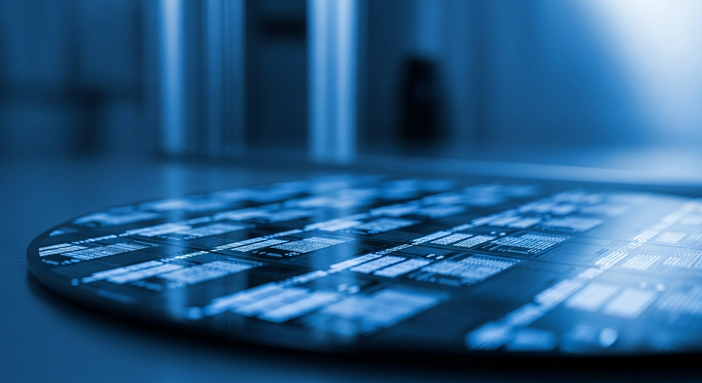 A close-up view of a semiconductor wafer inside a ChangXin Memory Technologies manufacturing facility representing the company's DRAM production capacity.