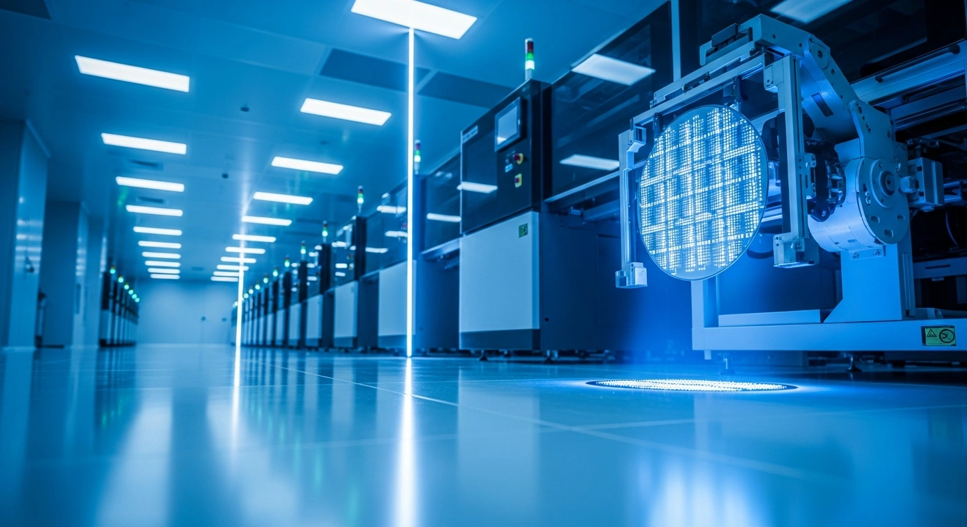 A high-tech semiconductor manufacturing facility operated by ChangXin Memory Technologies showcases advanced DRAM production equipment.