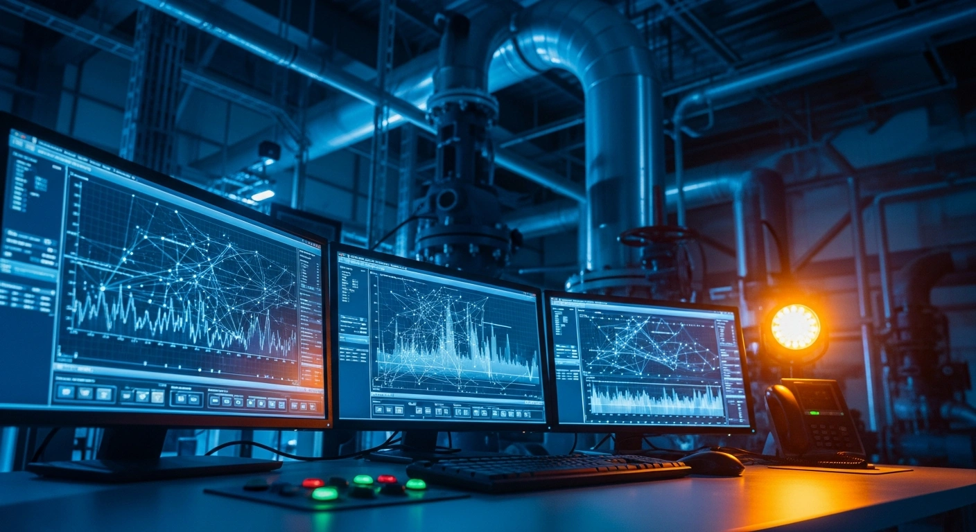 A high-tech control room monitors digital threats against critical water infrastructure systems in the United States.
