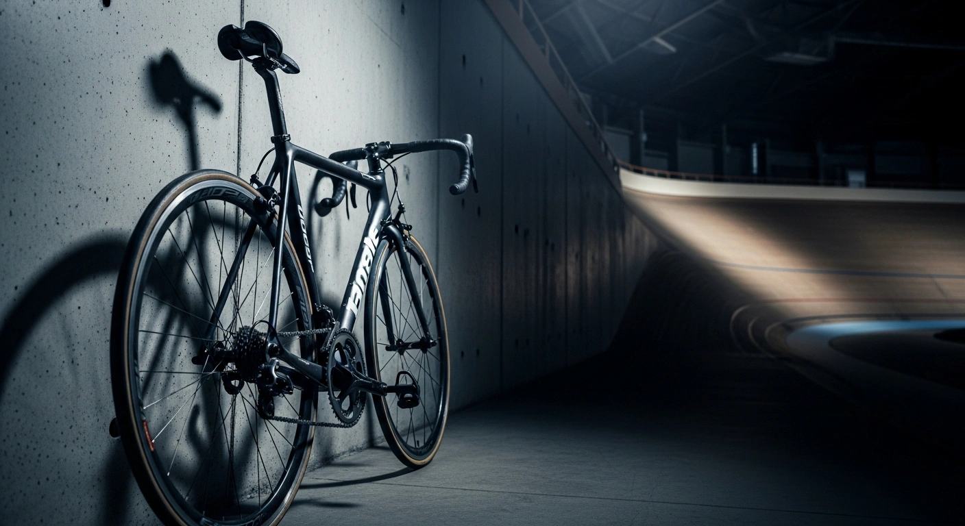 A professional racing bicycle stands alone in a dark velodrome, symbolizing the funding cuts and leadership resignations at Cycling Canada.