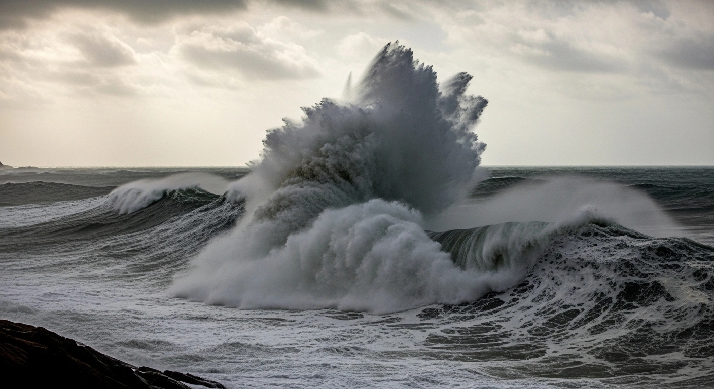 A dramatic low-angle view shows towering, frothing waves from a severe cyclonic storm, likely Cyclone Shakti, crashing against a rugged coastline in the Arabian Sea, illustrating the rough seas faced by coastal Maharashtra.