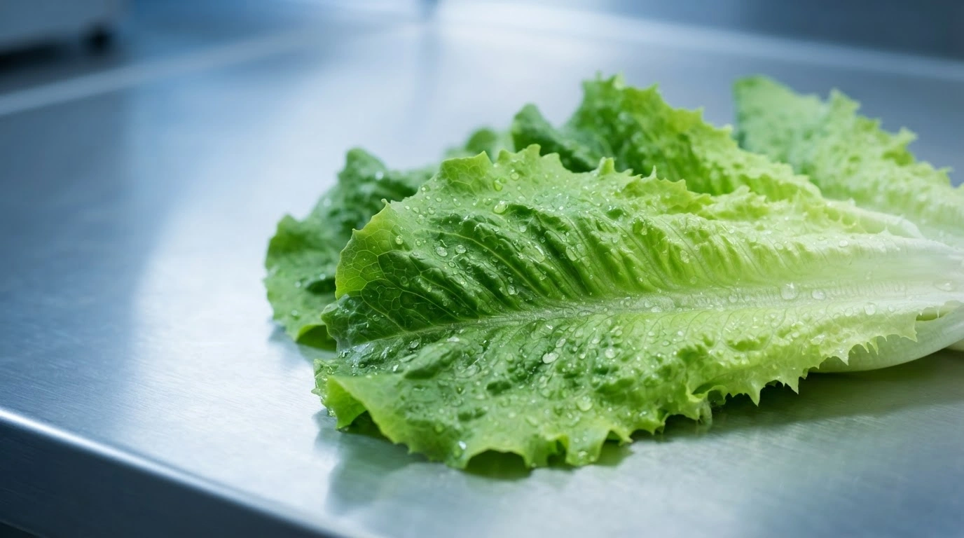 Fresh green lettuce leaves are displayed on a clean surface following the official end of the CDC investigation into the Cyclospora outbreak.